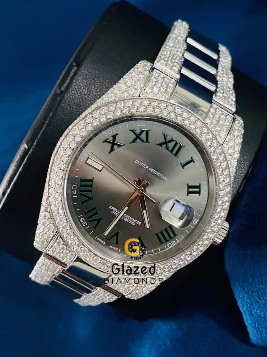 Gray Roman Dial D Colorless Bust Down VVS Moissanite Watch