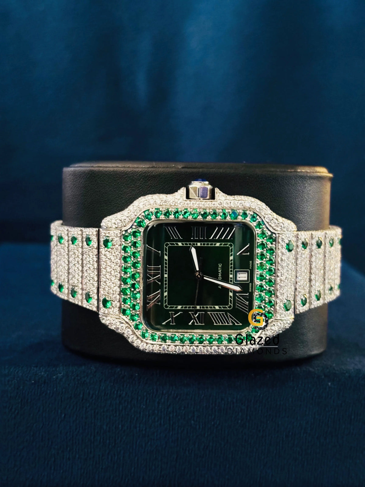 Green Dial Moissanite Iced Out Roman Number Watch For Men