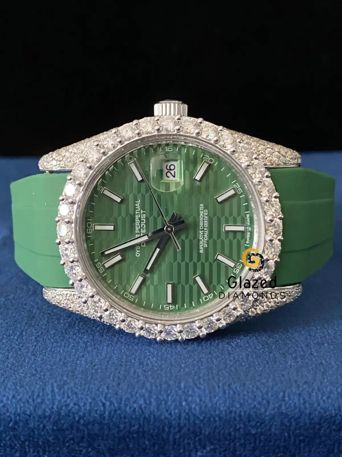 Green Dial Silicon Belt Iced Out Moissanite VVS Watch