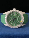 Green Dial Silicon Belt Iced Out Moissanite VVS Watch