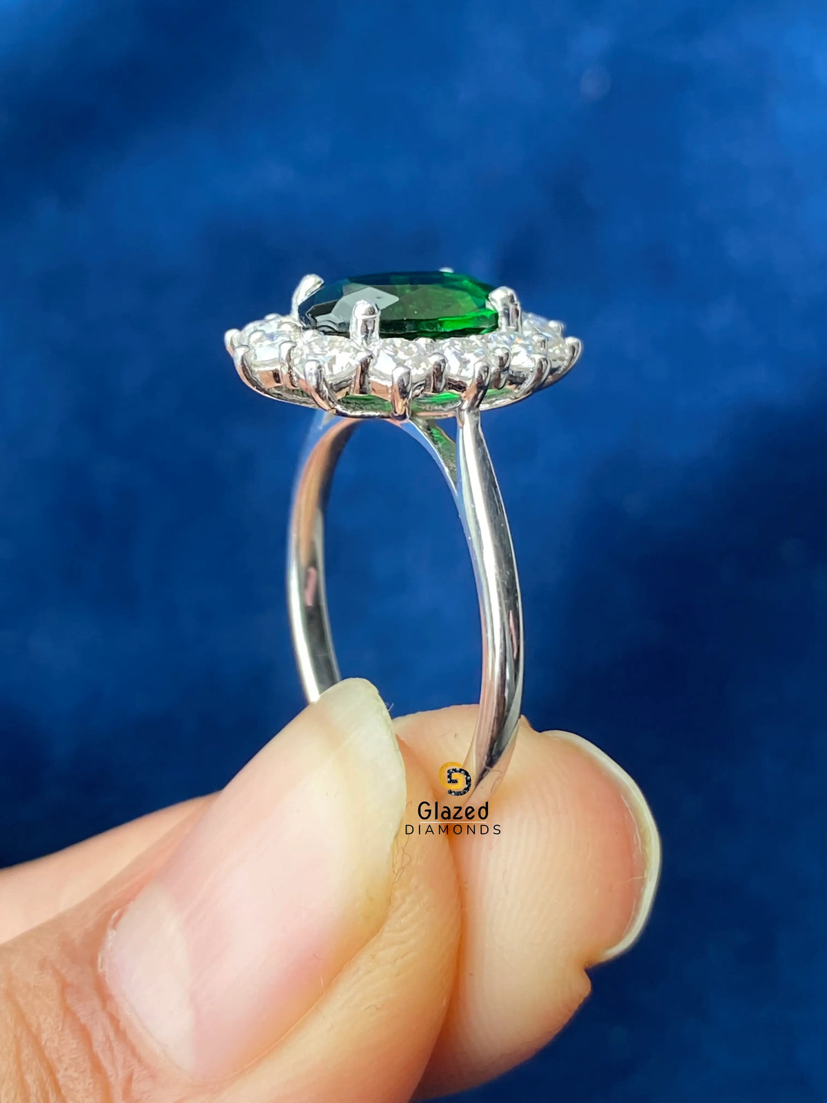 Green Oval Diamond Moissanite Flower Halo Wedding Ring