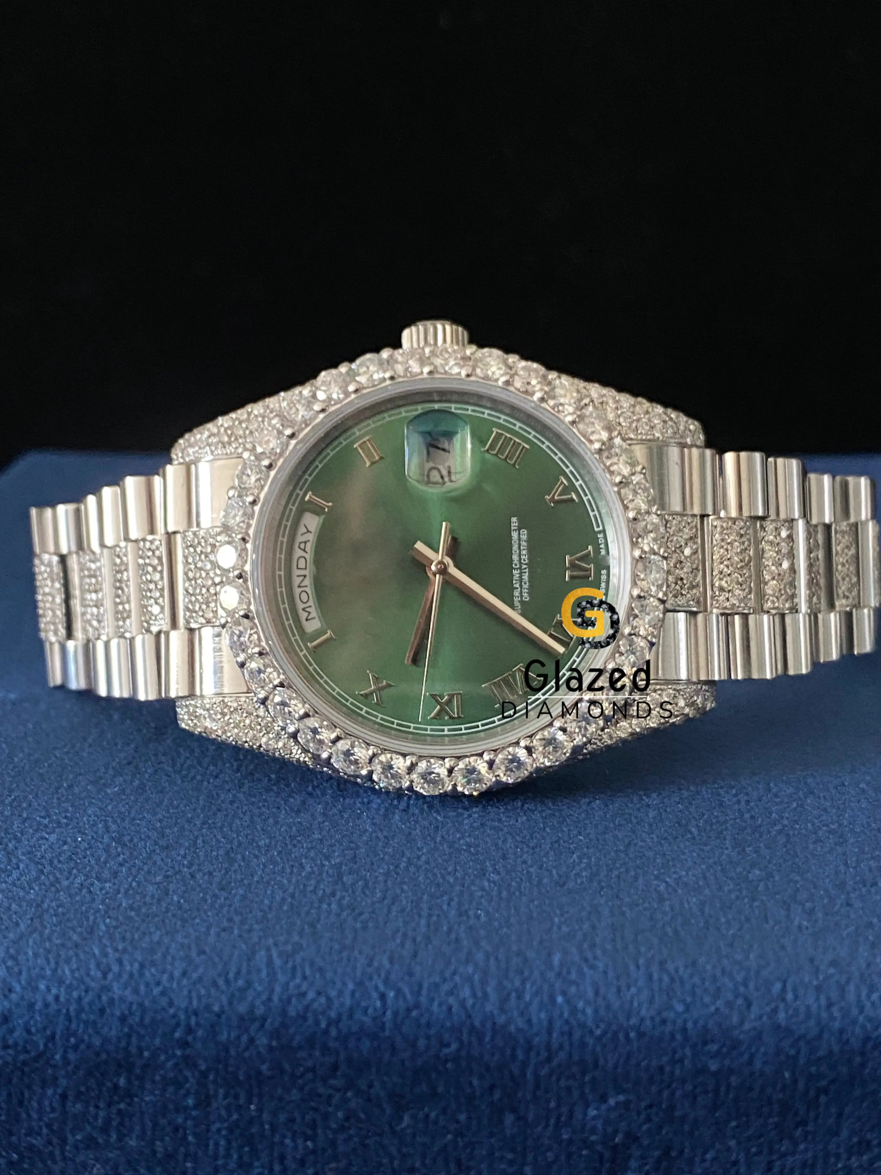 Green Roman Dial Bezel VVS Moissanite Fully Iced Out Watch