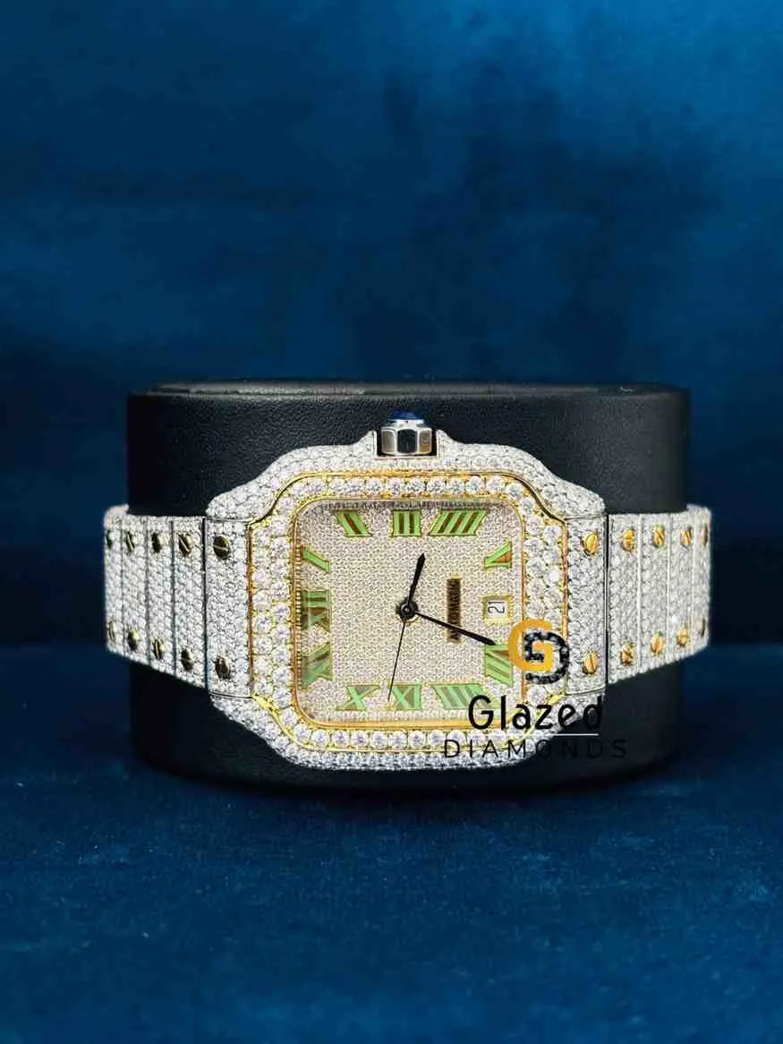 Green Roman Number Dial Stainless Steel Strap Moissanite Watch