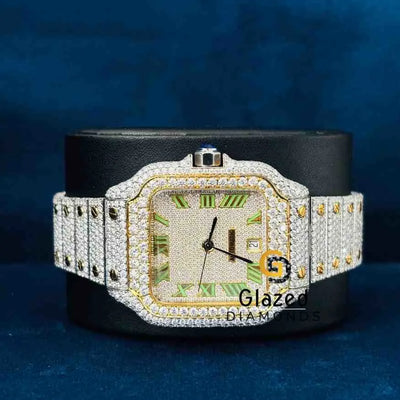 Green Roman Number Dial Stainless Steel Strap Moissanite Watch