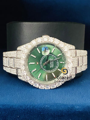 Green Stick Dial Fully Iced Out Sky Dweller Moissanite Watch