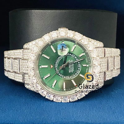 Green Stick Dial Fully Iced Out Sky Dweller Moissanite Watch