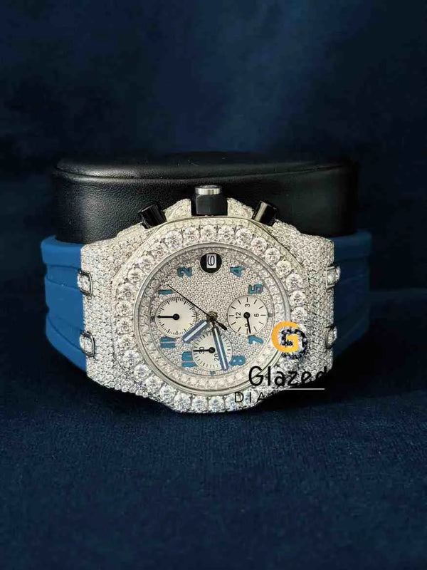 Half Studded Multi Chronograph Dial Blue Rubber Strap Moissanite Watch