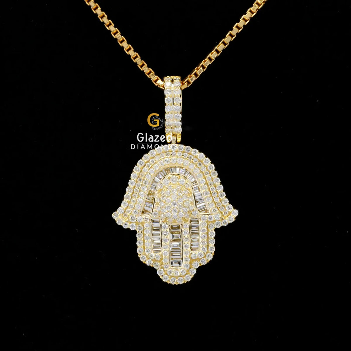 Baguette and Round Moissanite Diamond Iced Out Hamsa Hand Pendant