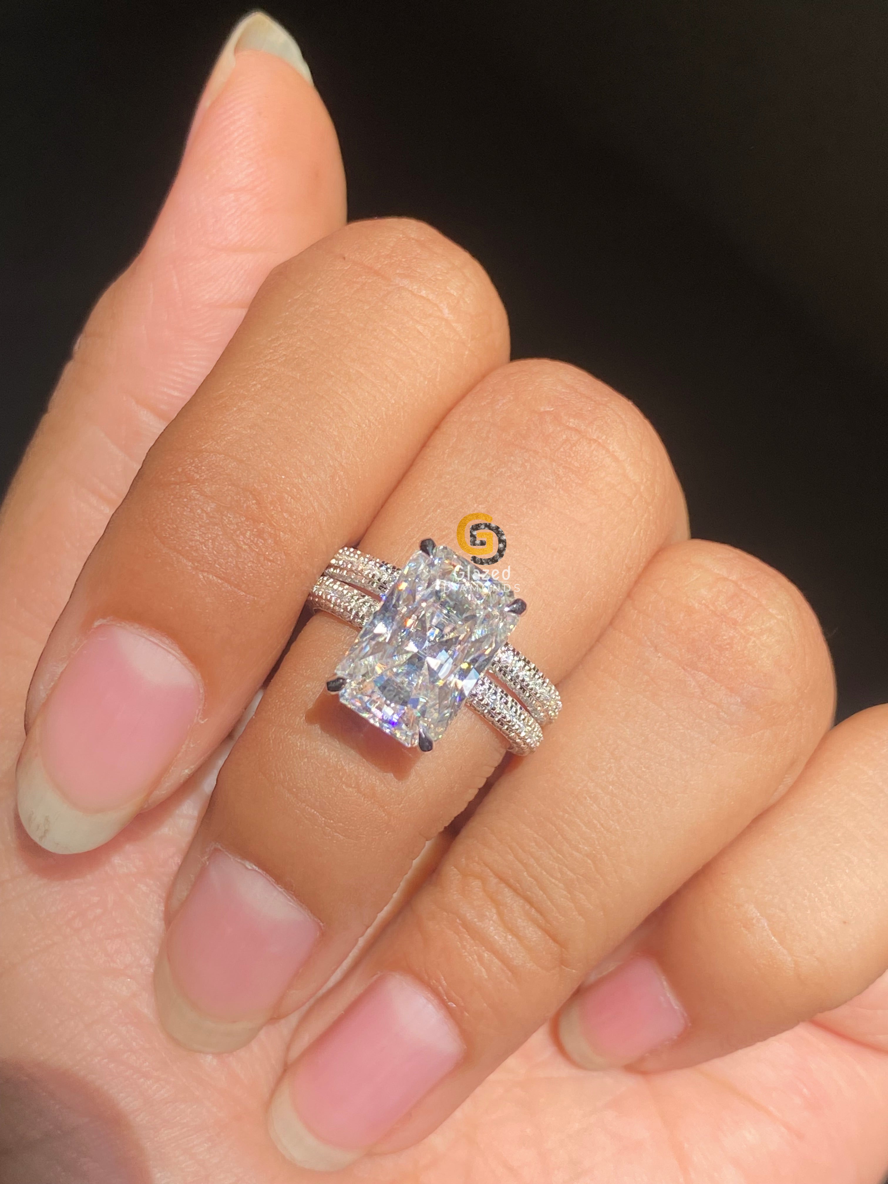 5 CT Radiant Cut Hidden Halo Moissanite Wedding Bridal Set For Her