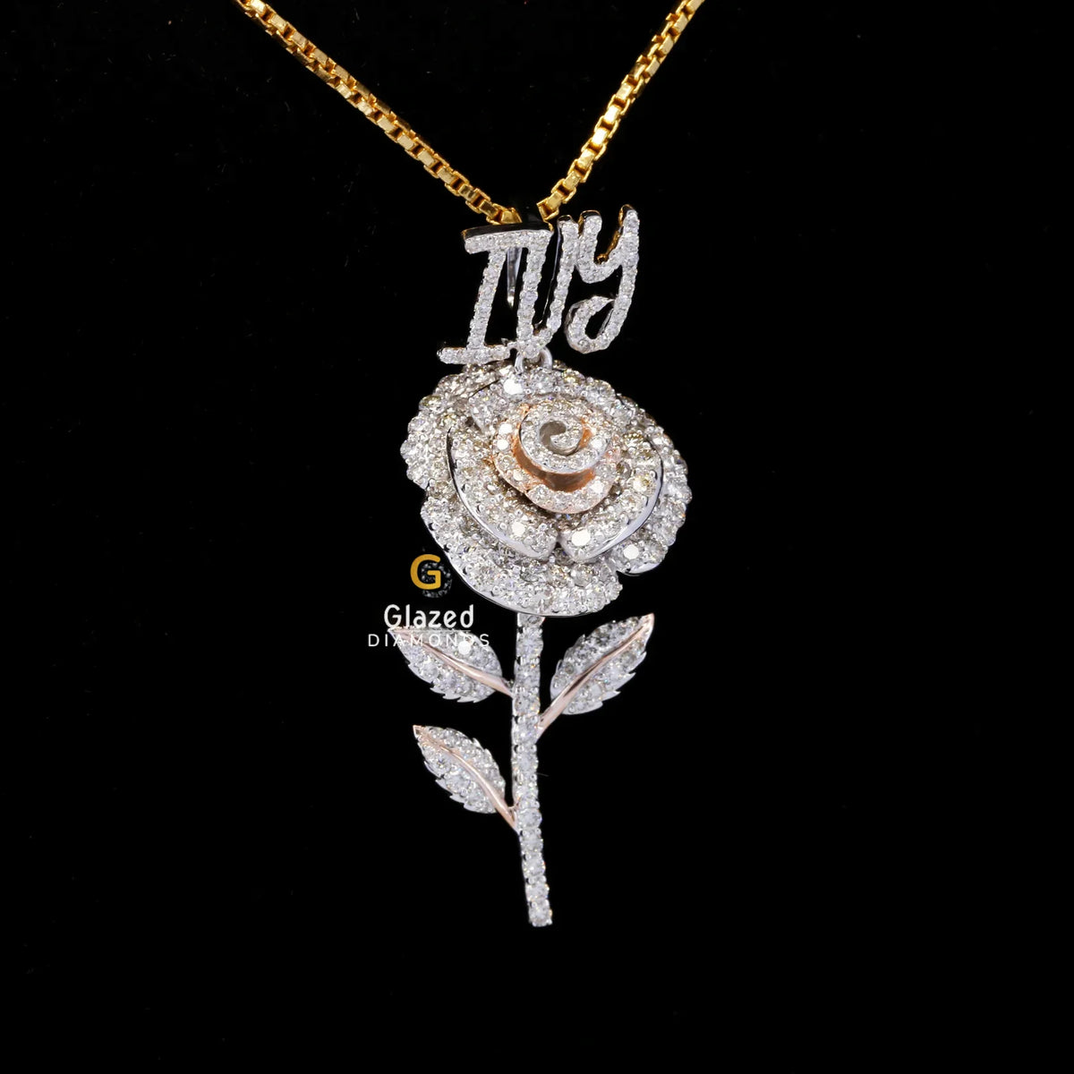 Unique Iced Out Moissanite Diamond Rose with Custom Name Pendant