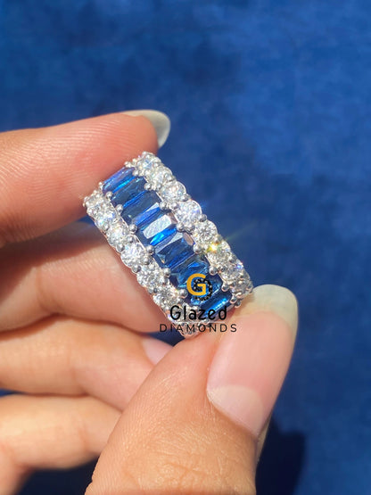 10MM Blue Radiant & Round Moissanite Diamond Studded Hip Hop Ring 925 Silver