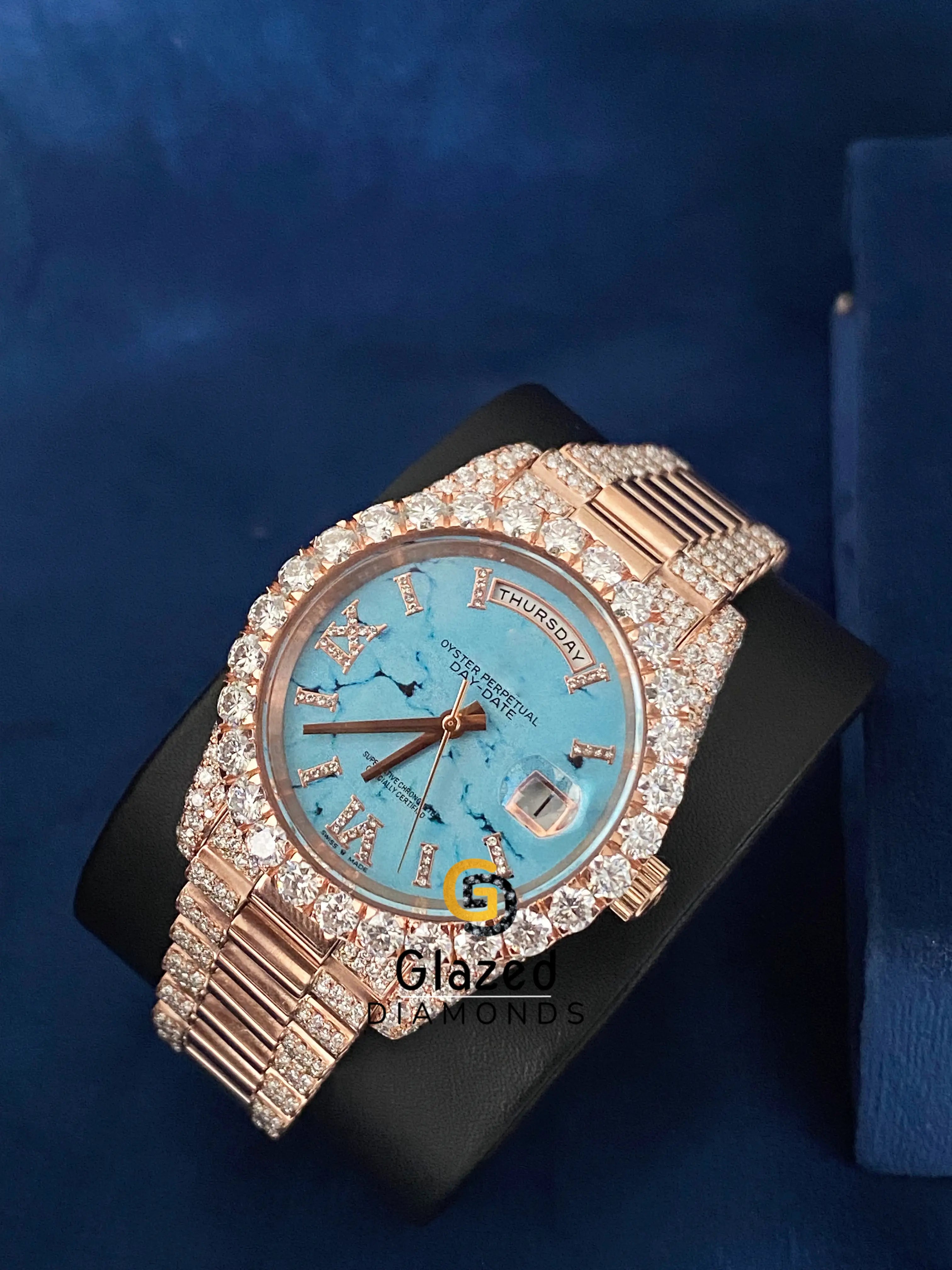 Turquoise Marble Dial Presidential Strap Day Date Moissanite Watch