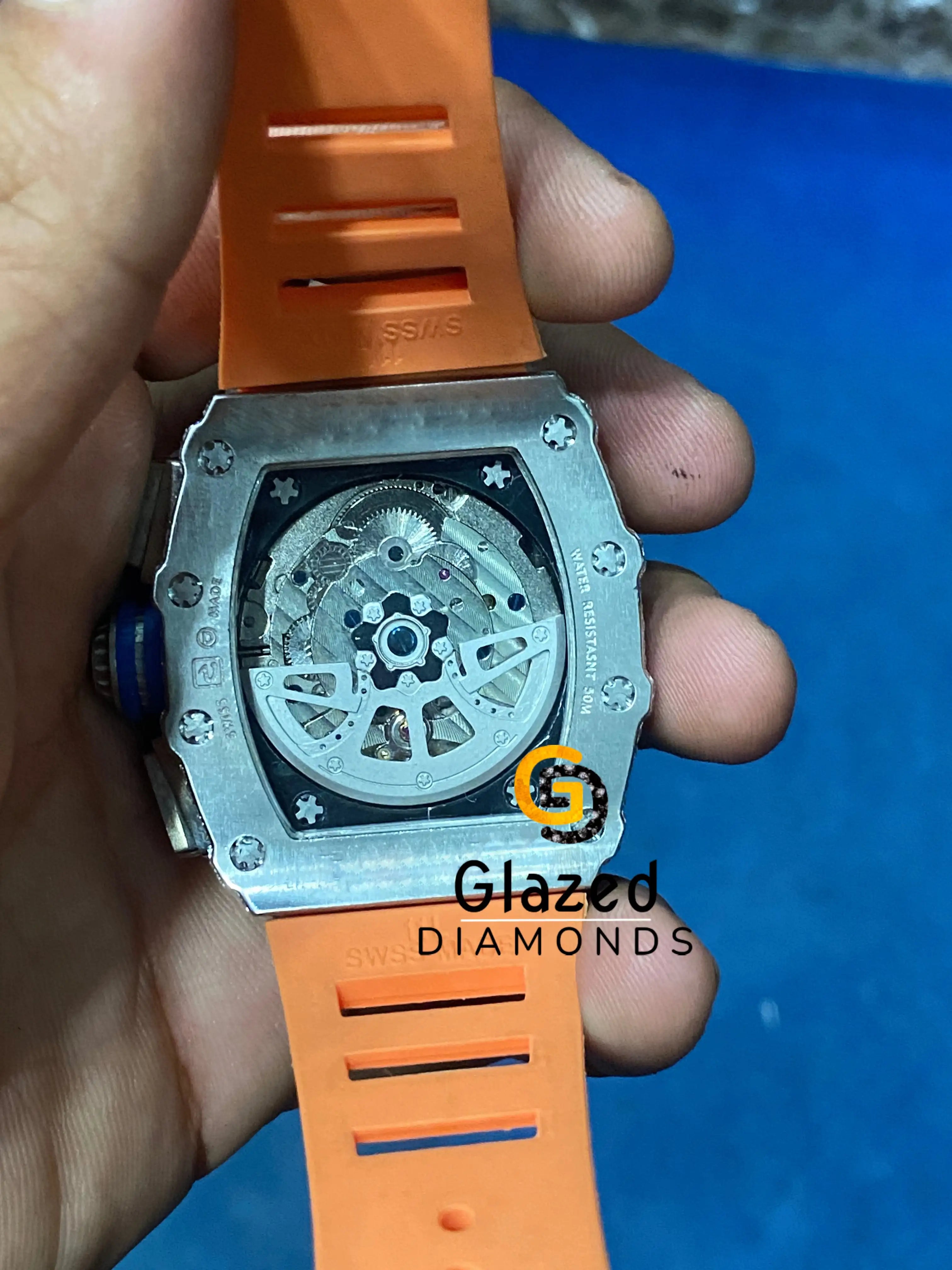 Chronograph Dial Luxury Iced Out Moissanite Orange Rubber Strap Watch For Men