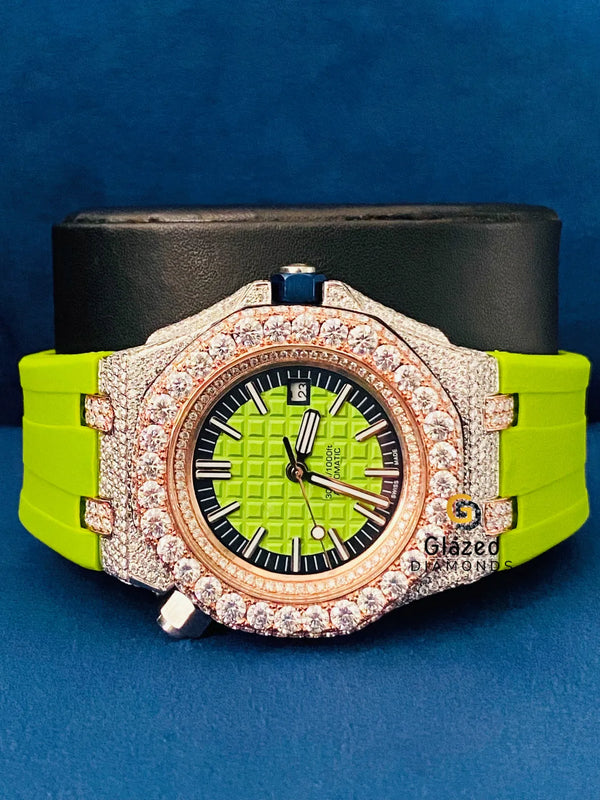 Hip Hop Face Dial Two Tone Round Moissanite Watch