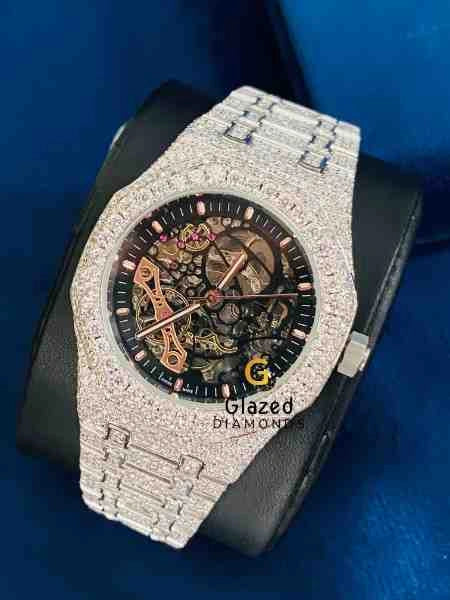 Hip Hop Skeletal Dial Moissanite Diamond Studded Watch