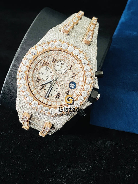 Hip Hop Stainless Steel Arabic Dial Chronograph Moissanite Watch