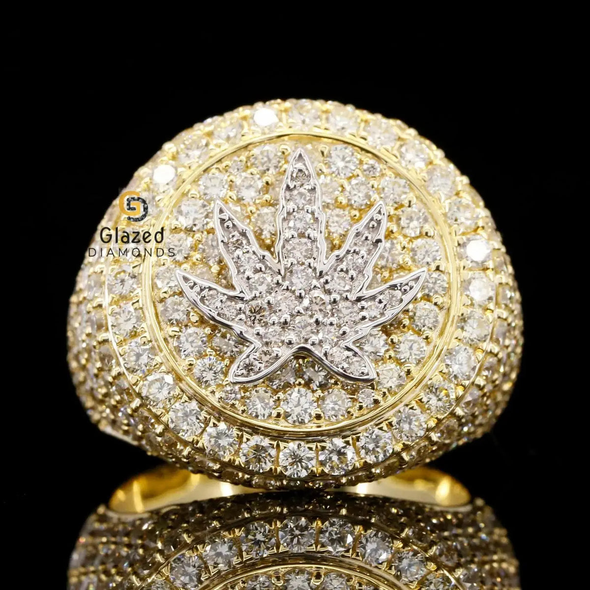 Iced Weed Marijuana Leaf Flooded Out Moissanite Ring