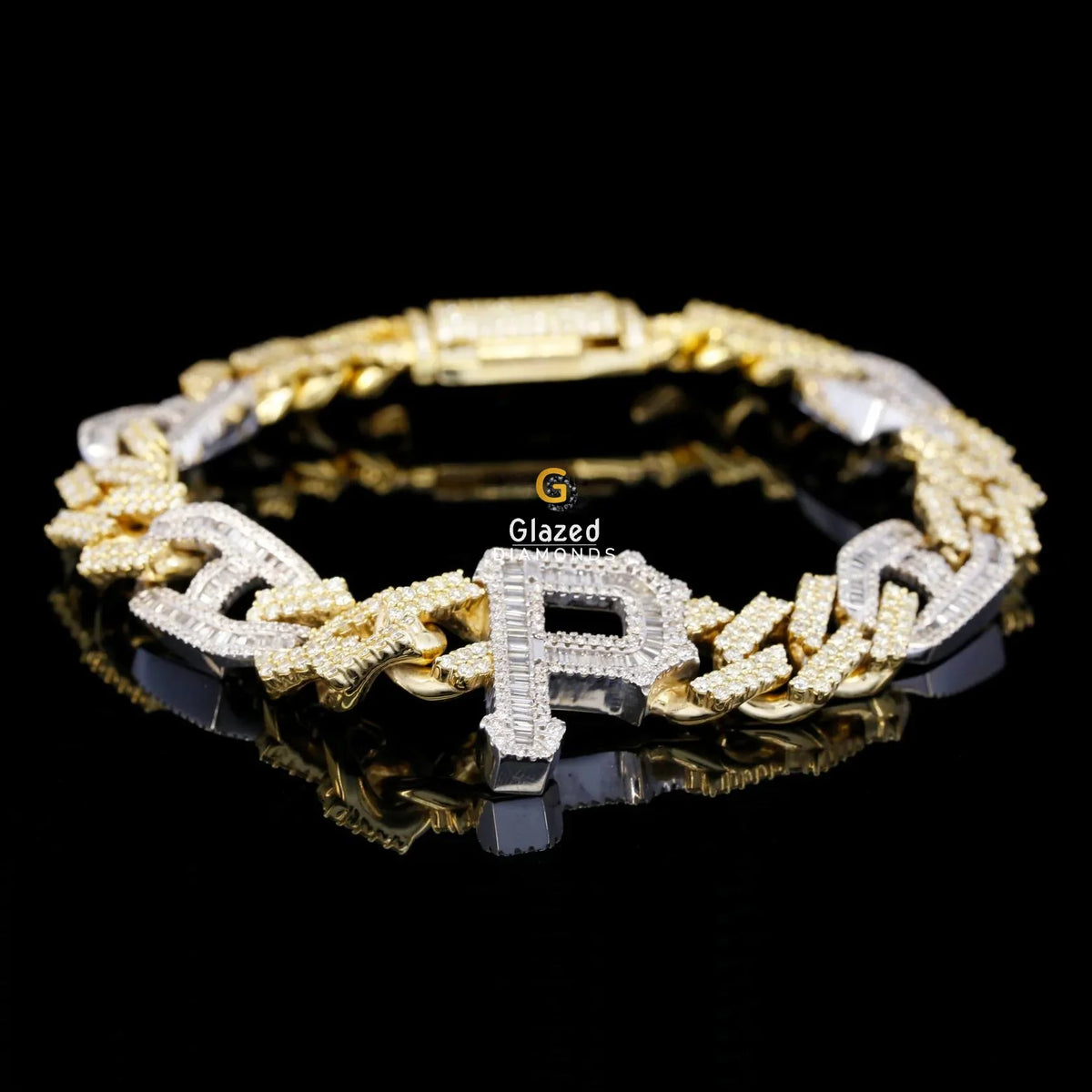 Iced Out 14MM Cuban Link Initial P Letter Baguette and Round Moissanite Bracelet