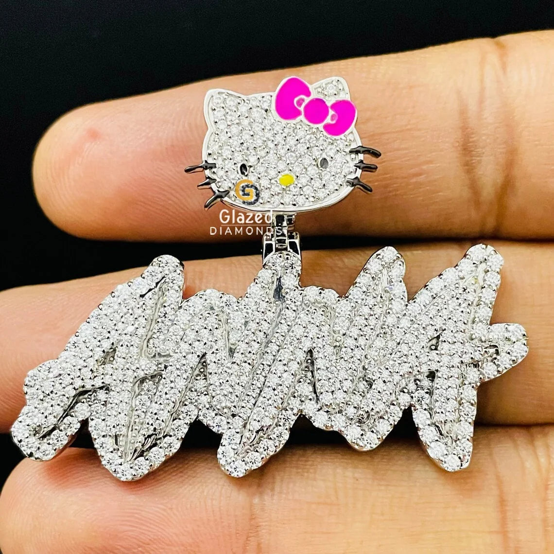 Iced Out Moissanite Diamond Name Pendant With Custom Kitty Bail