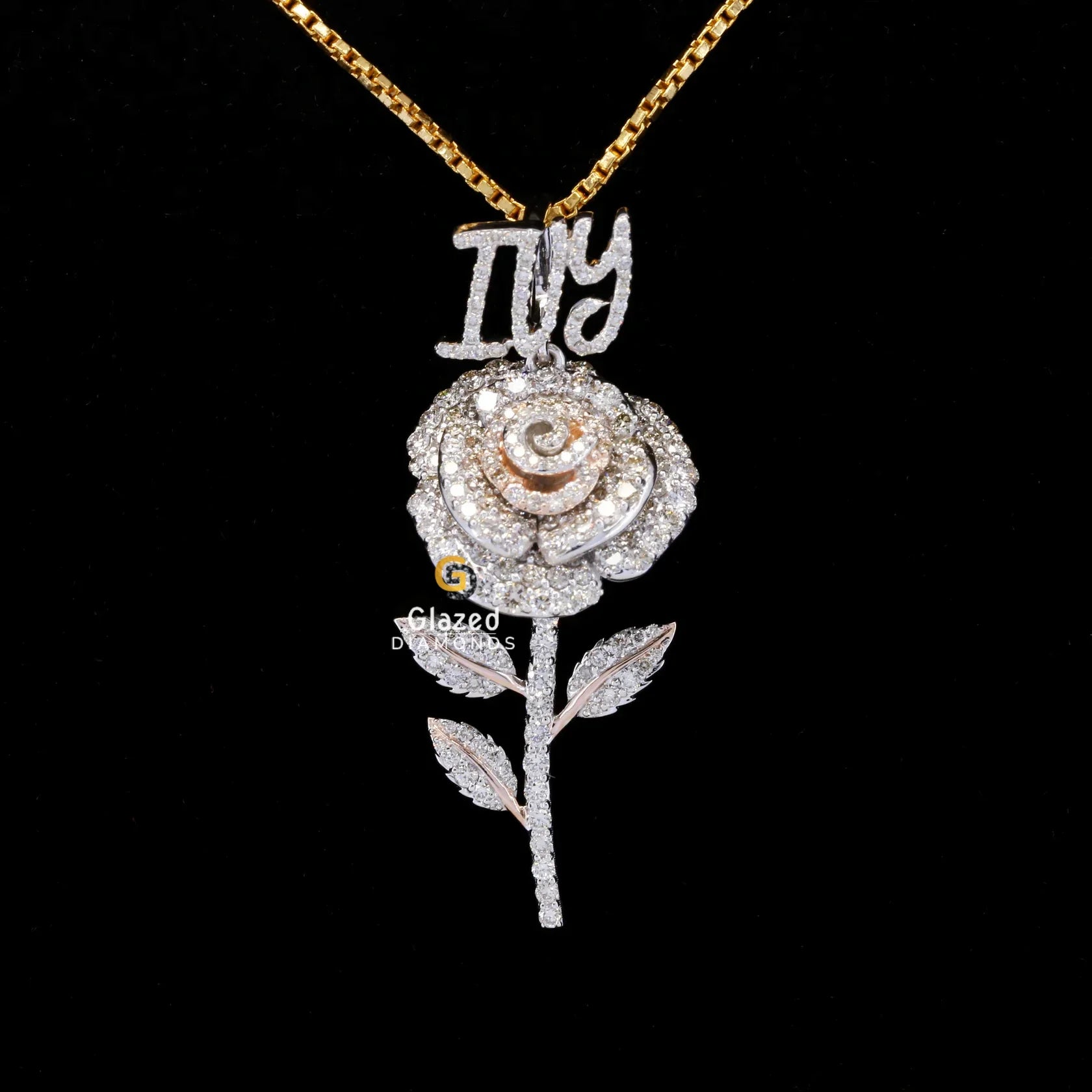 Unique Iced Out Moissanite Diamond Rose with Custom Name Pendant