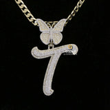 Iced Out Initial T Letter With Butterfly Moissanite Bust Down Pendant