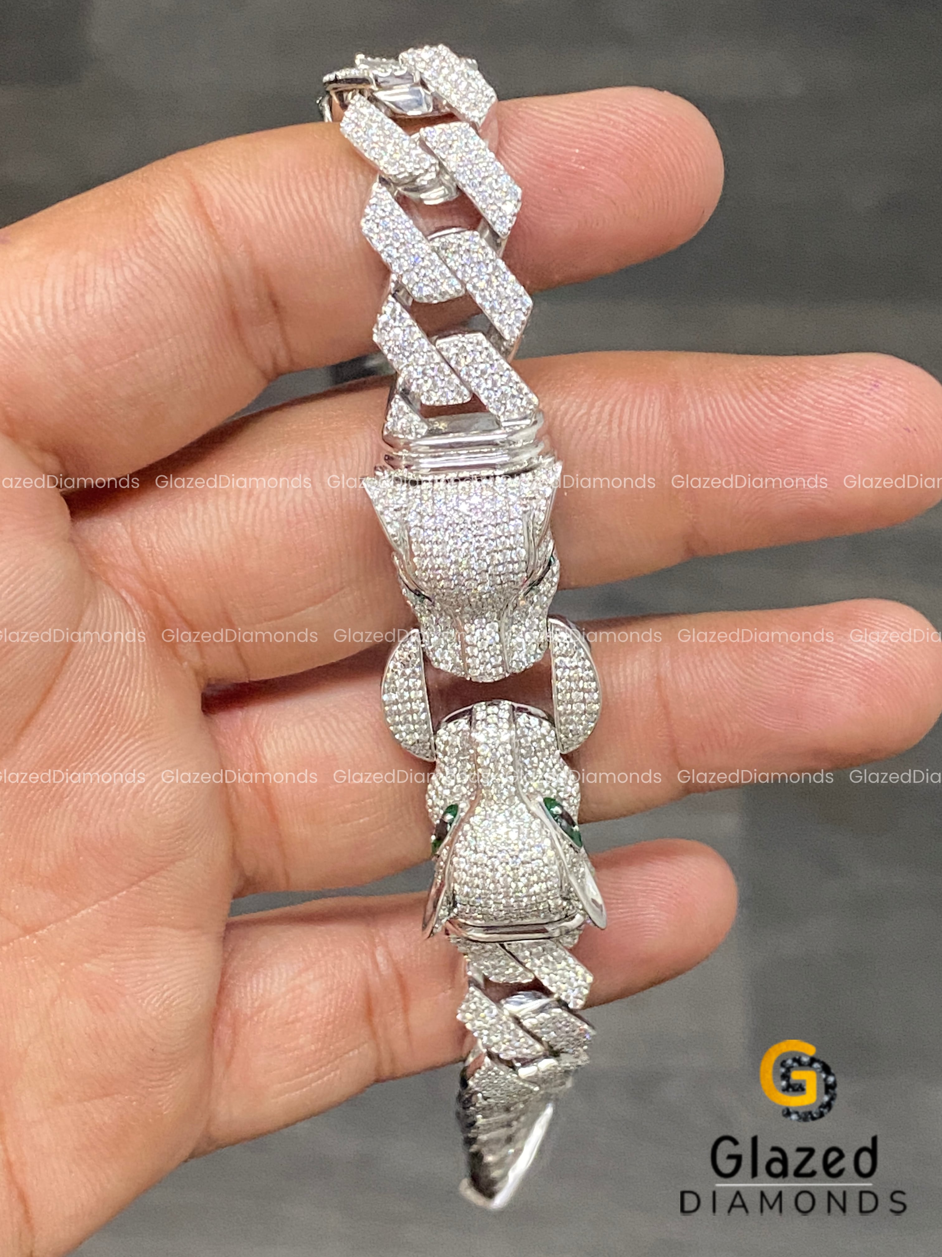 925 Sterling Silver Iced Diamond Hip Hop Dual Leopard Head Bracelet