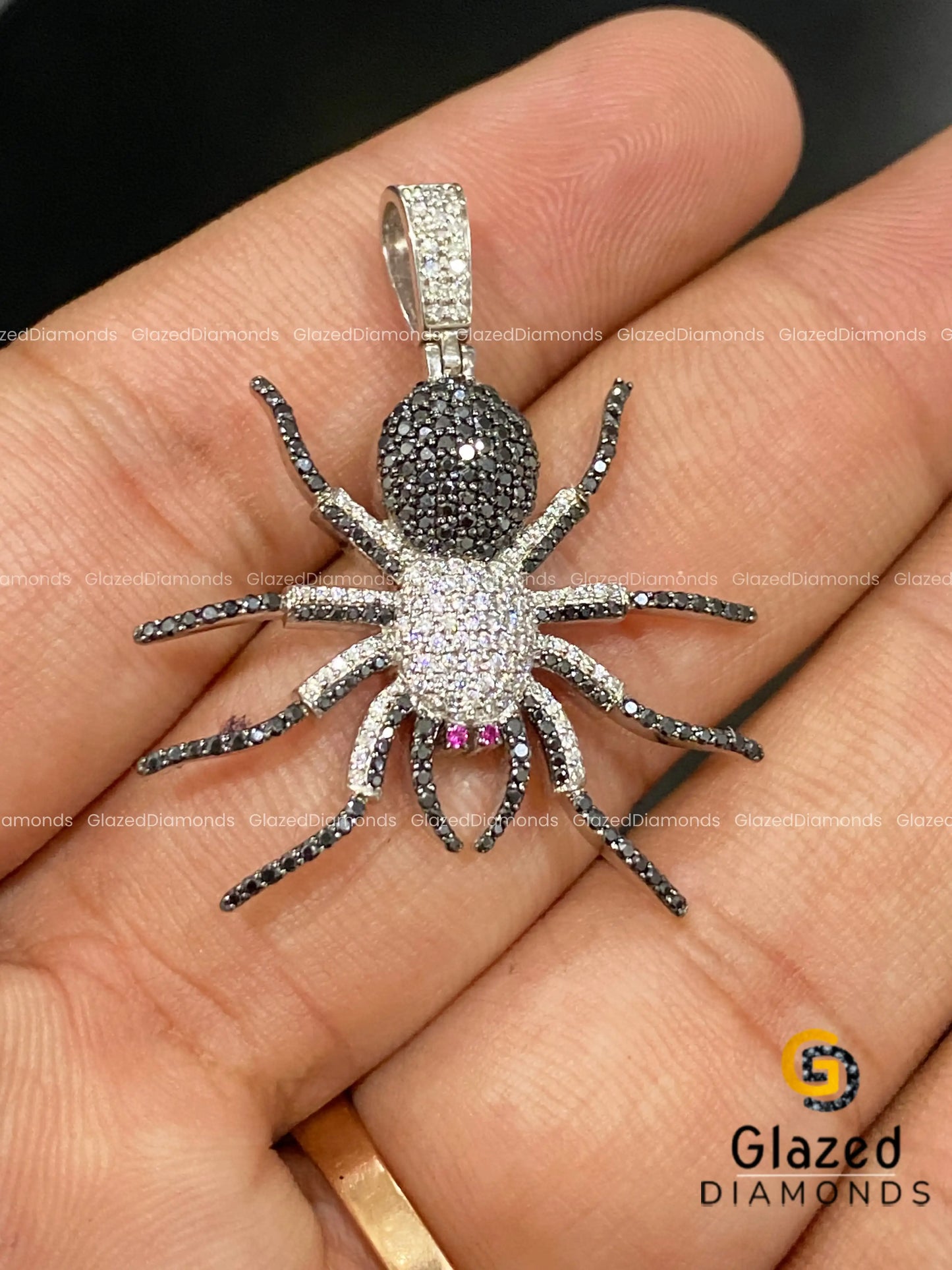 Iced Out Black & White Moissanite Diamond Spider Pendant in 925 Silver