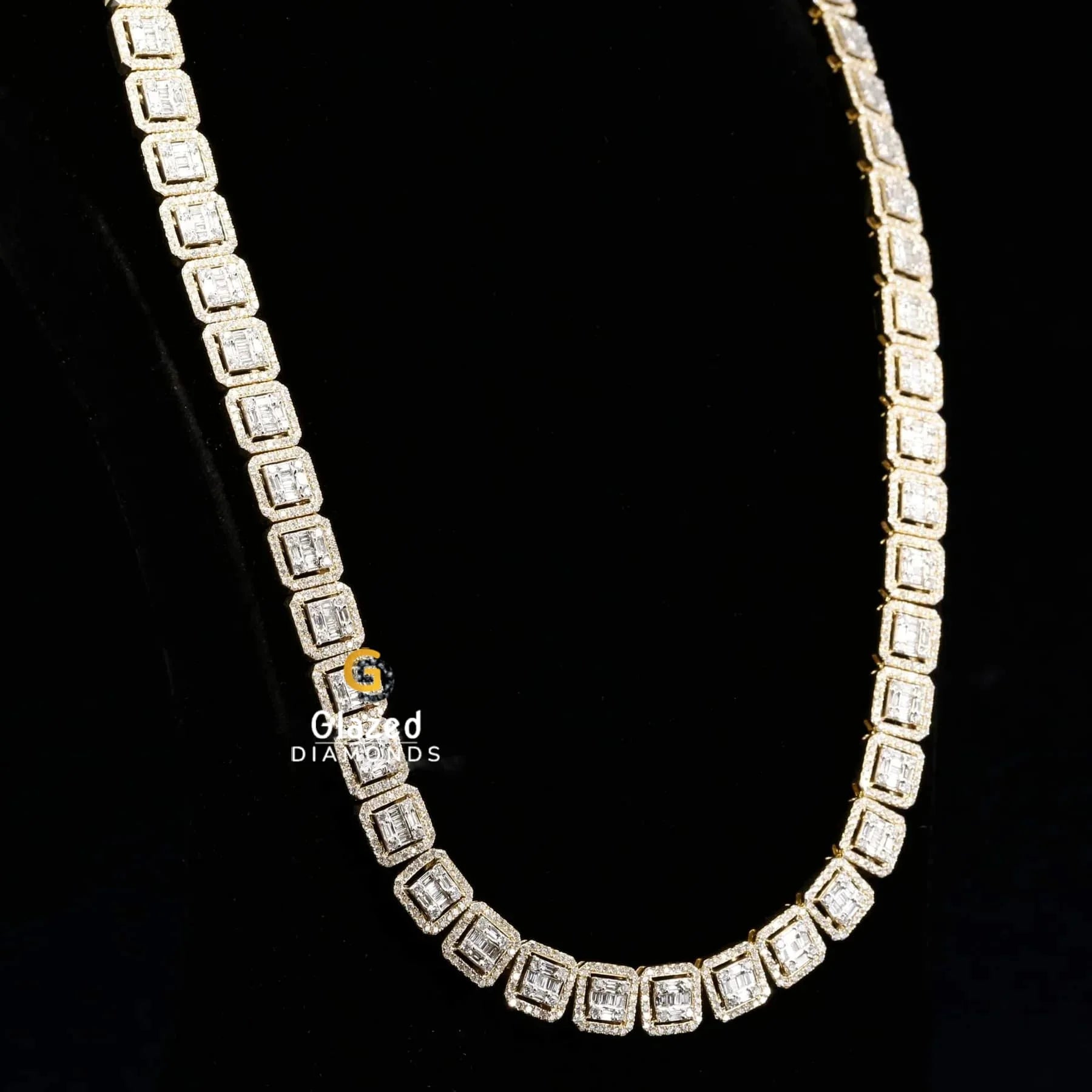 Square Shape Hip Hop Style Baguette and Round Moissanite Tennis Chain