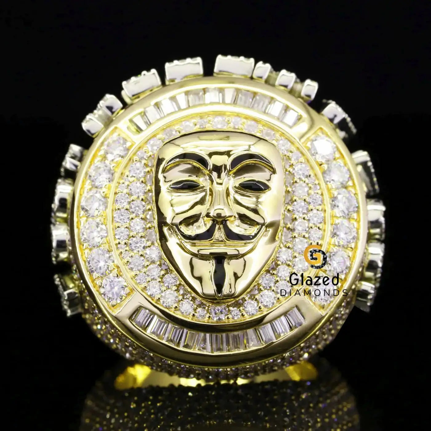 Fully Iced Out Baguette and Round Moissanite Custom Vendetta Mask Ring