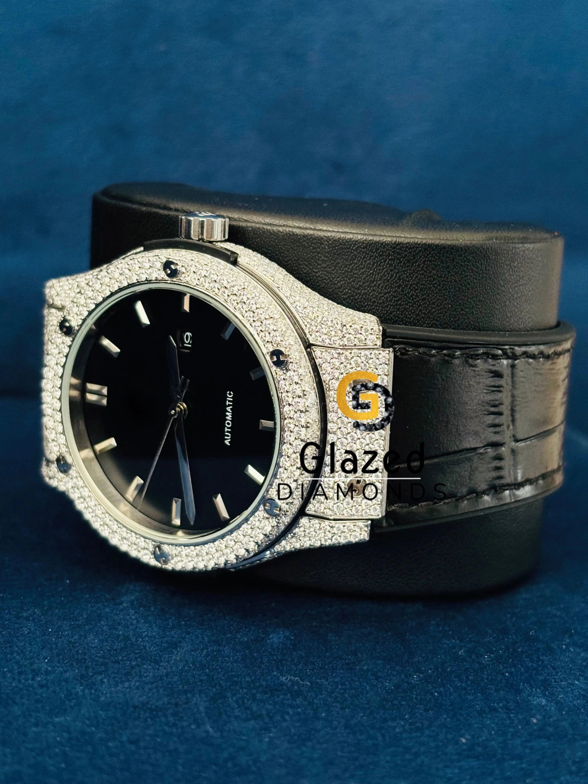 Iced Out Black Lather Strap With Face Dial Watch