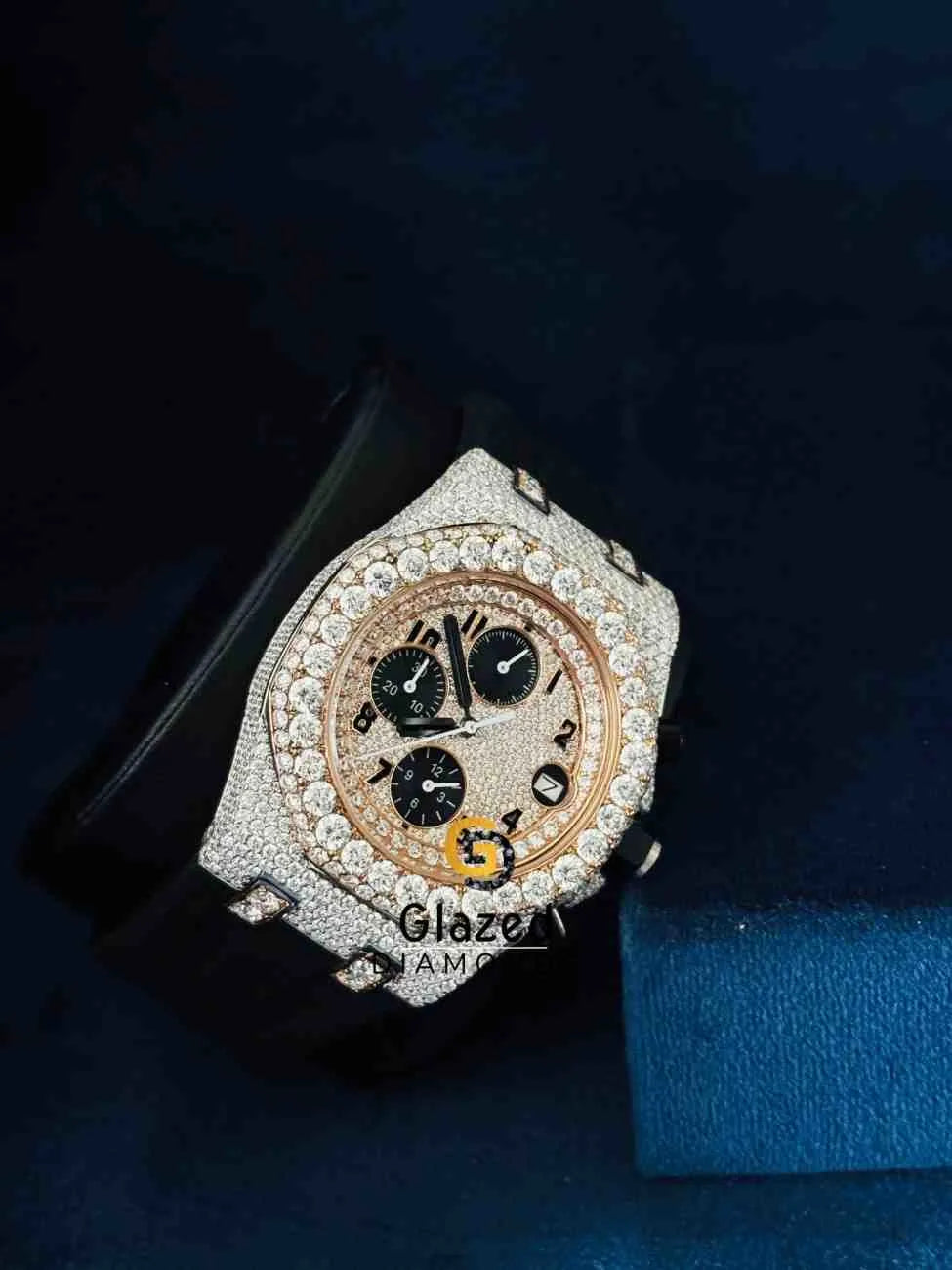 Iced Out Black Number Dial Half Studded Hip Hop Moissanite Watch