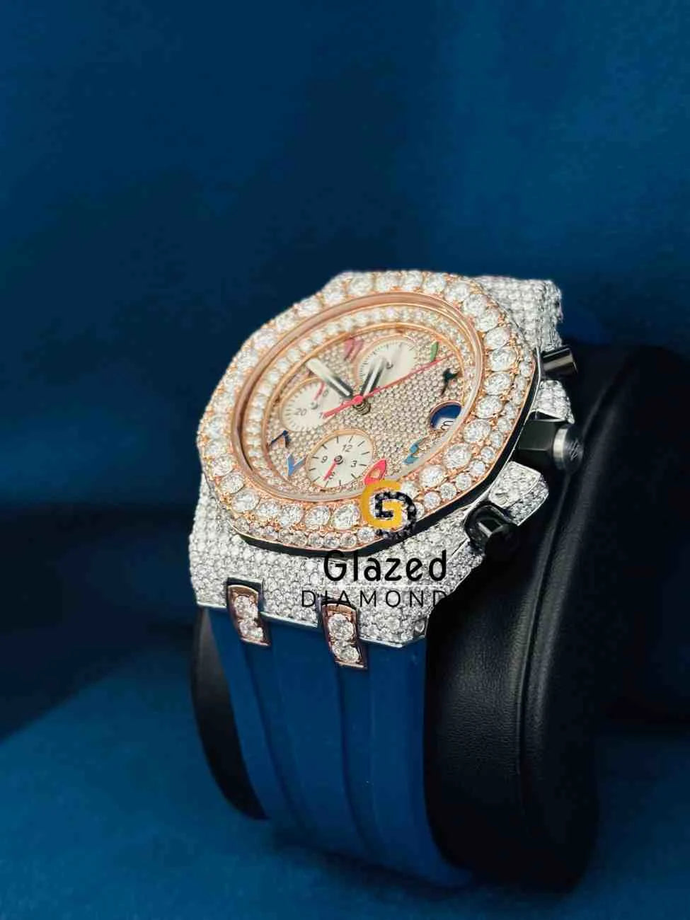 Iced Out Colorfull Multi Face Dial Two Tone Moissanite Wrist Watch 