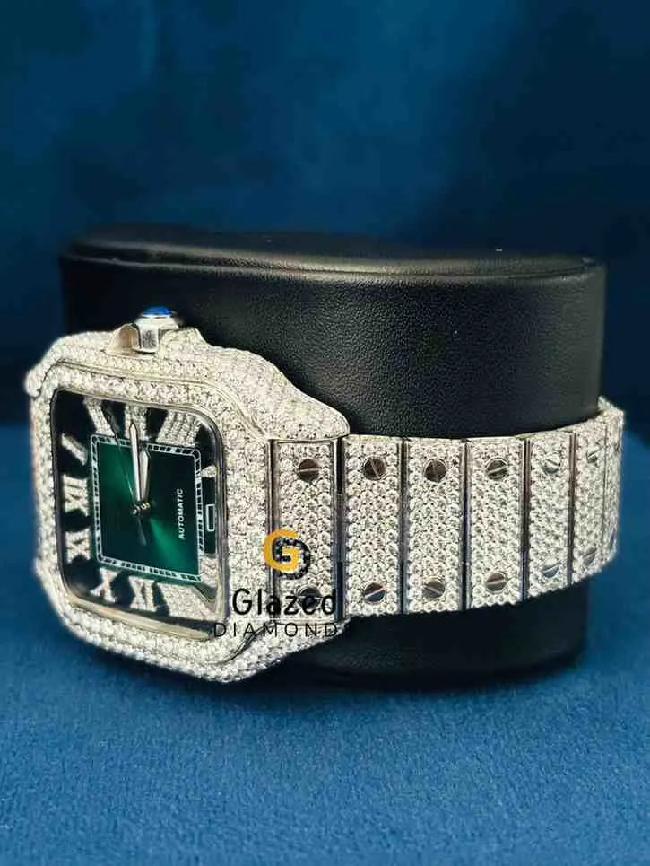 Iced Out Green Dial Stainless Steel Wrist Watch