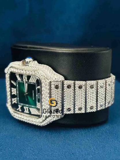 Iced Out Green Dial Stainless Steel Wrist Watch