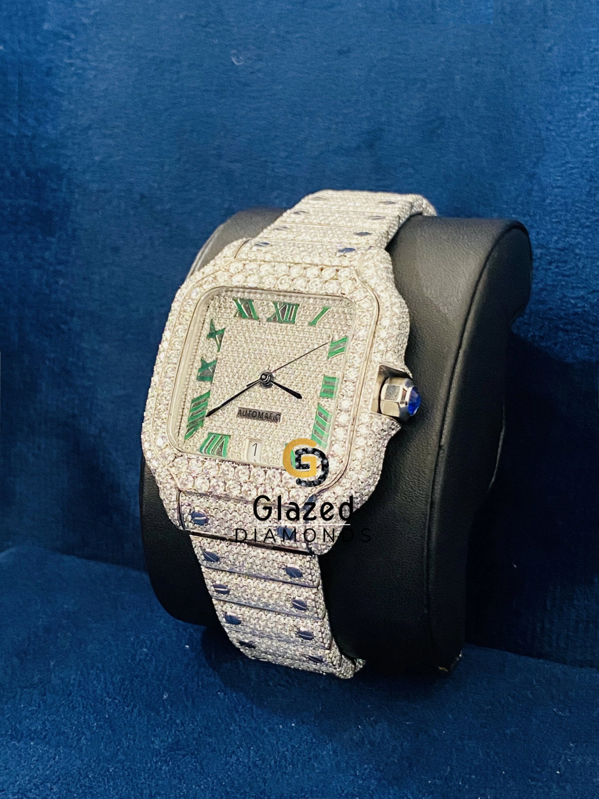 Iced Out Hip Hop Green Roman Number Watch