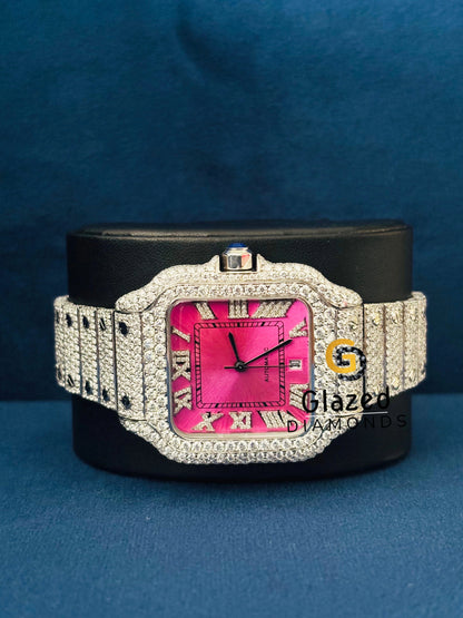 Iced Out Hip Hop Moissanite Pink Dial Watch