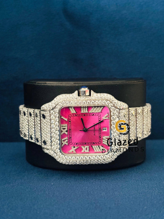 Iced Out Hip Hop Moissanite Pink Dial Watch