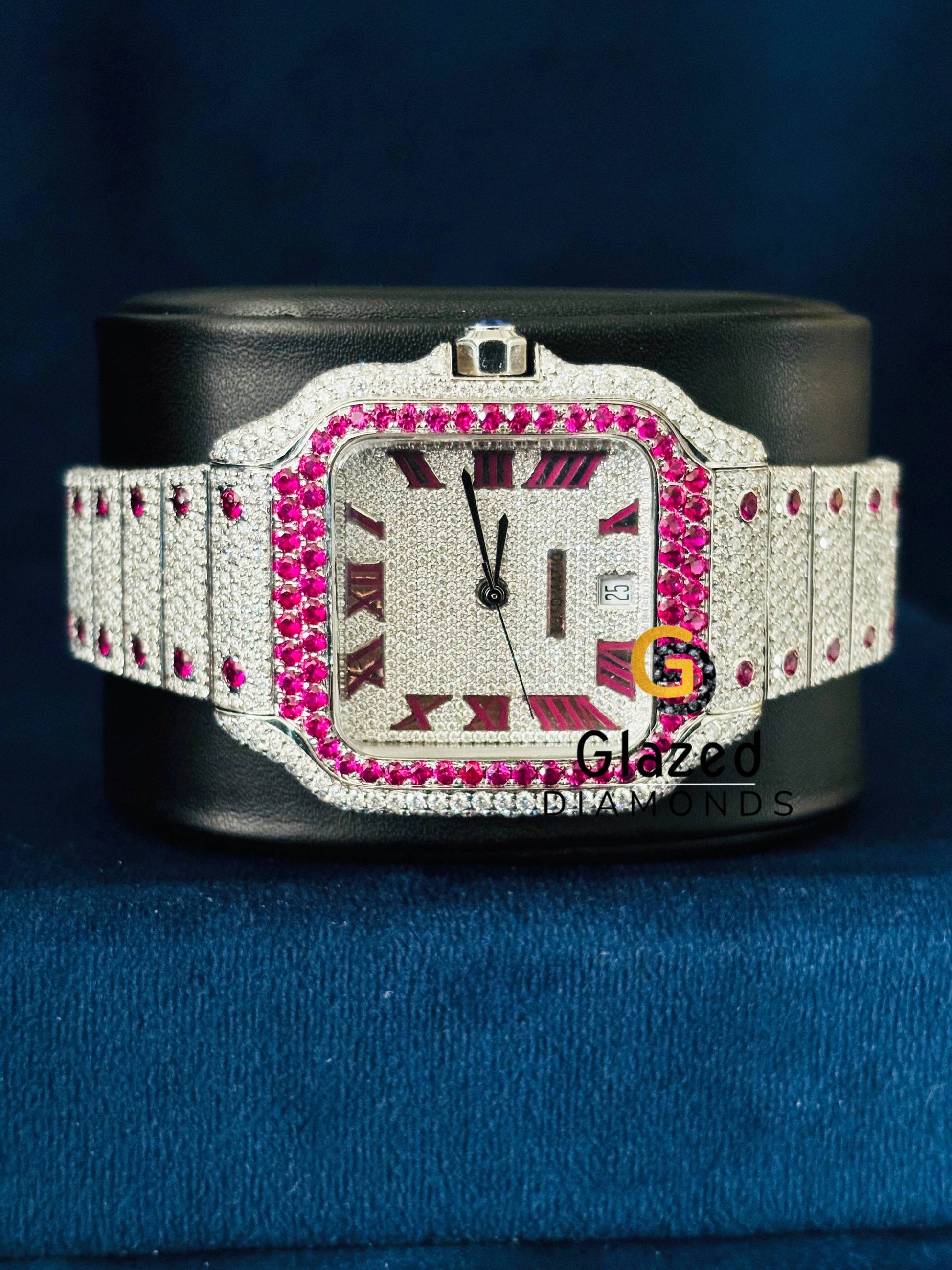 Iced Out Hip Hop Pink Roman Number Studded Moissanite Diamond Watch