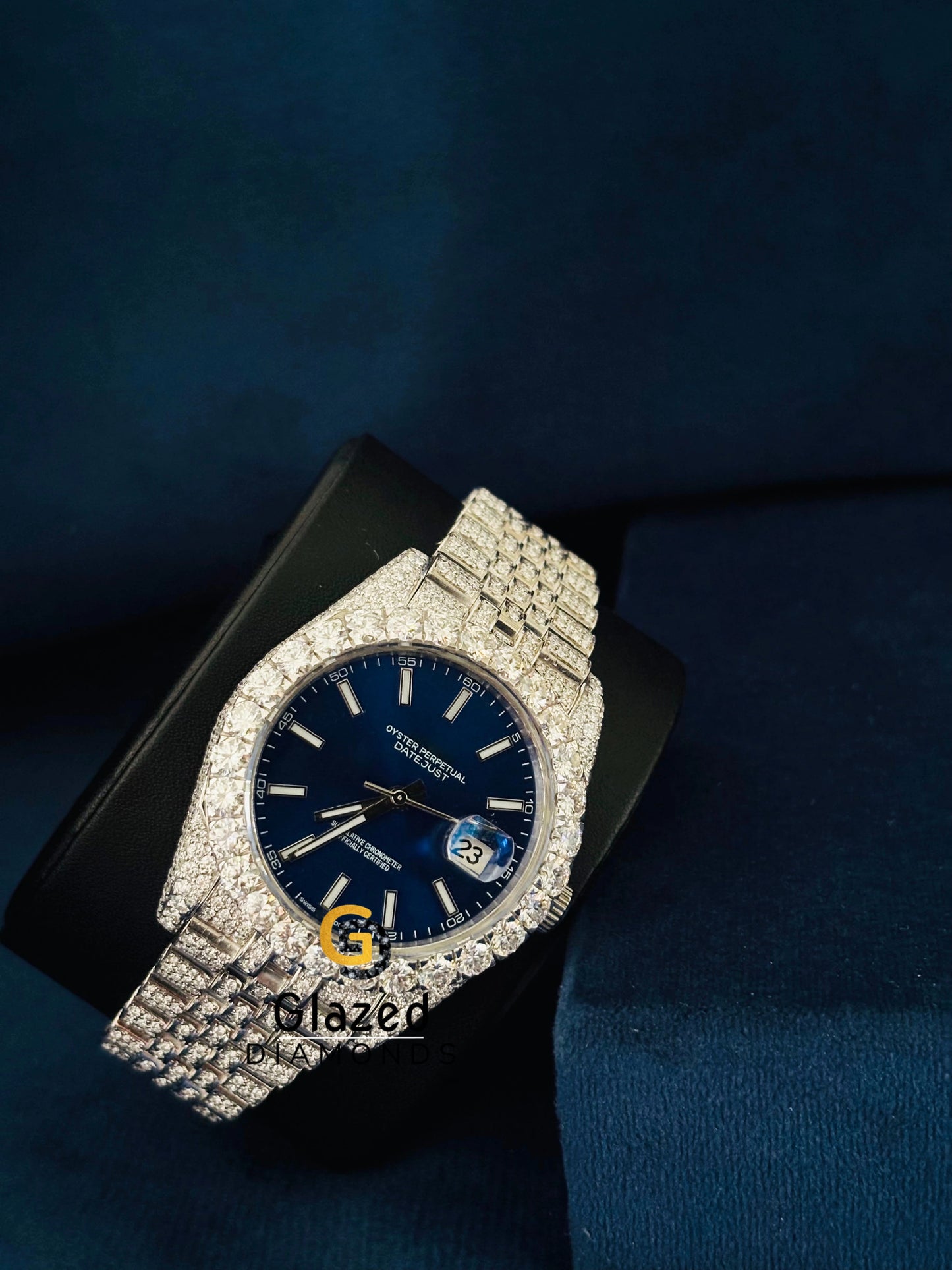 Iced Out Jubilee Strap Blue Dial Moissanite Watch