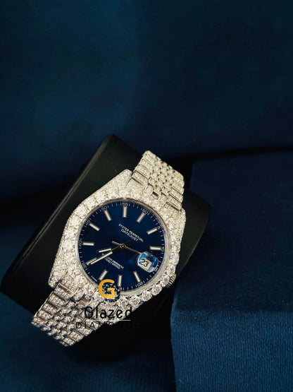 Iced Out Jubilee Strap Blue Dial Moissanite Watch