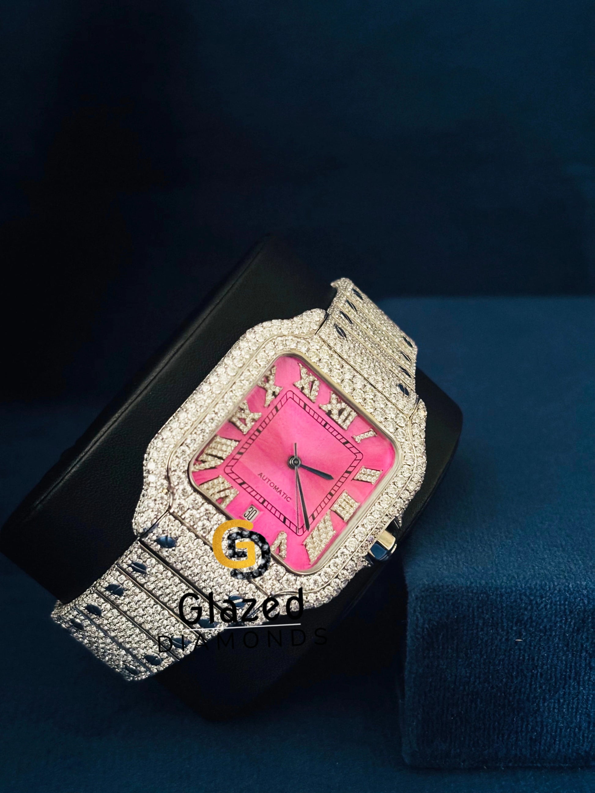 Iced Out Moissanite Roamn Number Pink Dial Watch