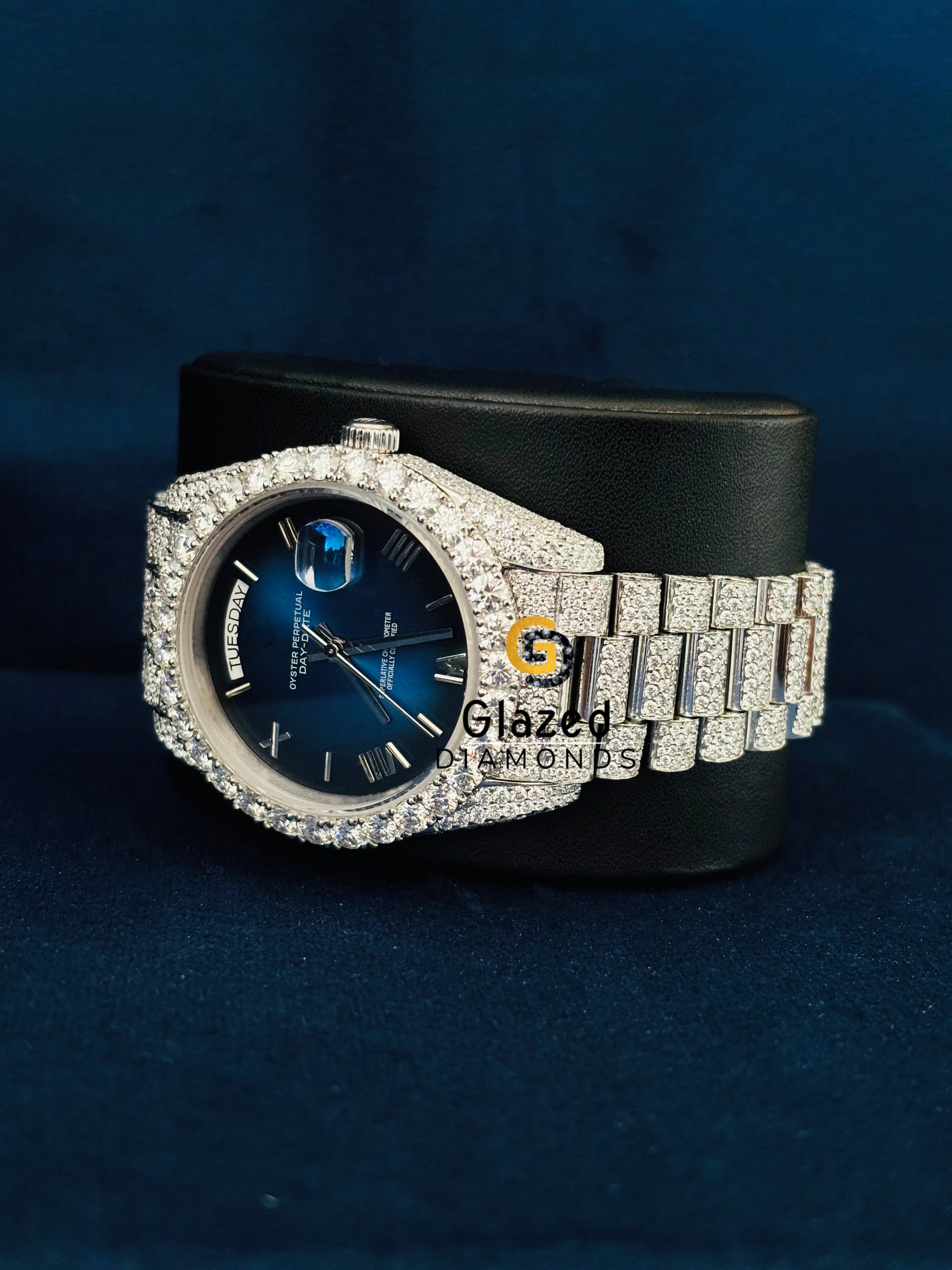 【GRA鑑定書付】iced out watch Moissanite 41MM Blue Dial Moissanite Iced Out Day Date Watch – Glazed Diamonds