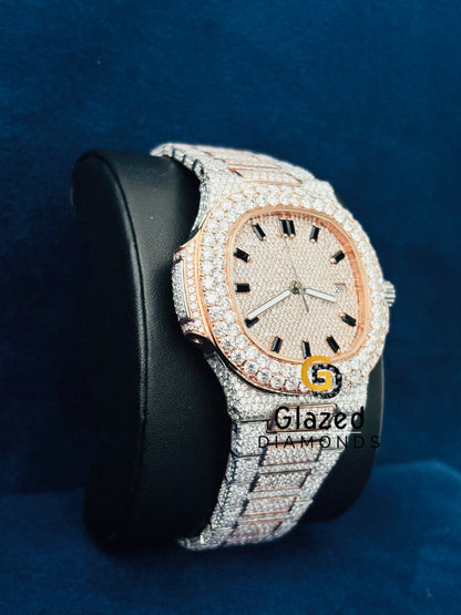Iced Out Moissanite Studded Dual Tone Hip Hop Watch for Him