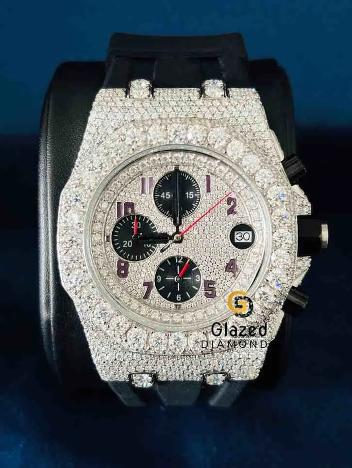 Iced Out Multi Chronograph Silicone Rubber Strap Moissanite Watch