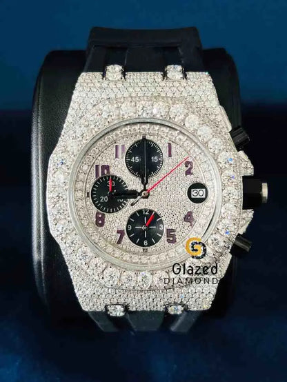 Iced Out Multi Chronograph Silicone Rubber Strap Moissanite Watch