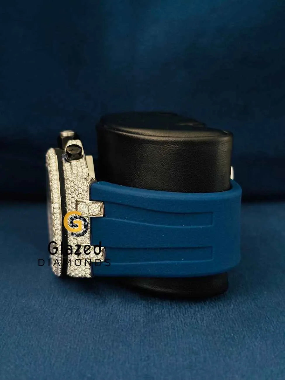 Iced Out Pink Arabic Dial Blue Silicone Strap Wrist Watch For Men