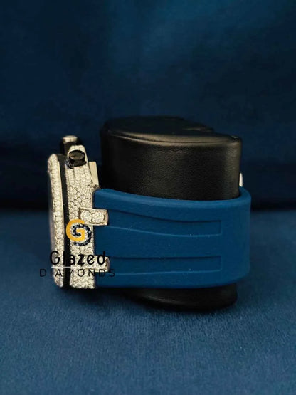 Iced Out Pink Arabic Dial Blue Silicone Strap Wrist Watch For Men