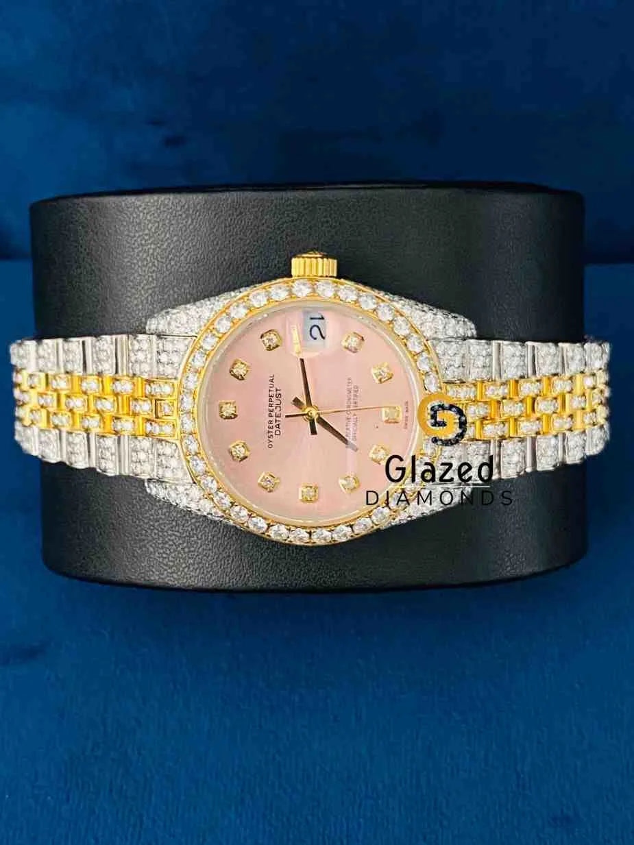 Iced Out Pink Dial Bezel Bar Moissanite Hip hop Watch For Women