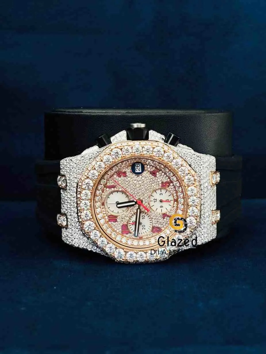 Iced Out Pink Number Dial Half Studded Hip Hop Moissanite Watch