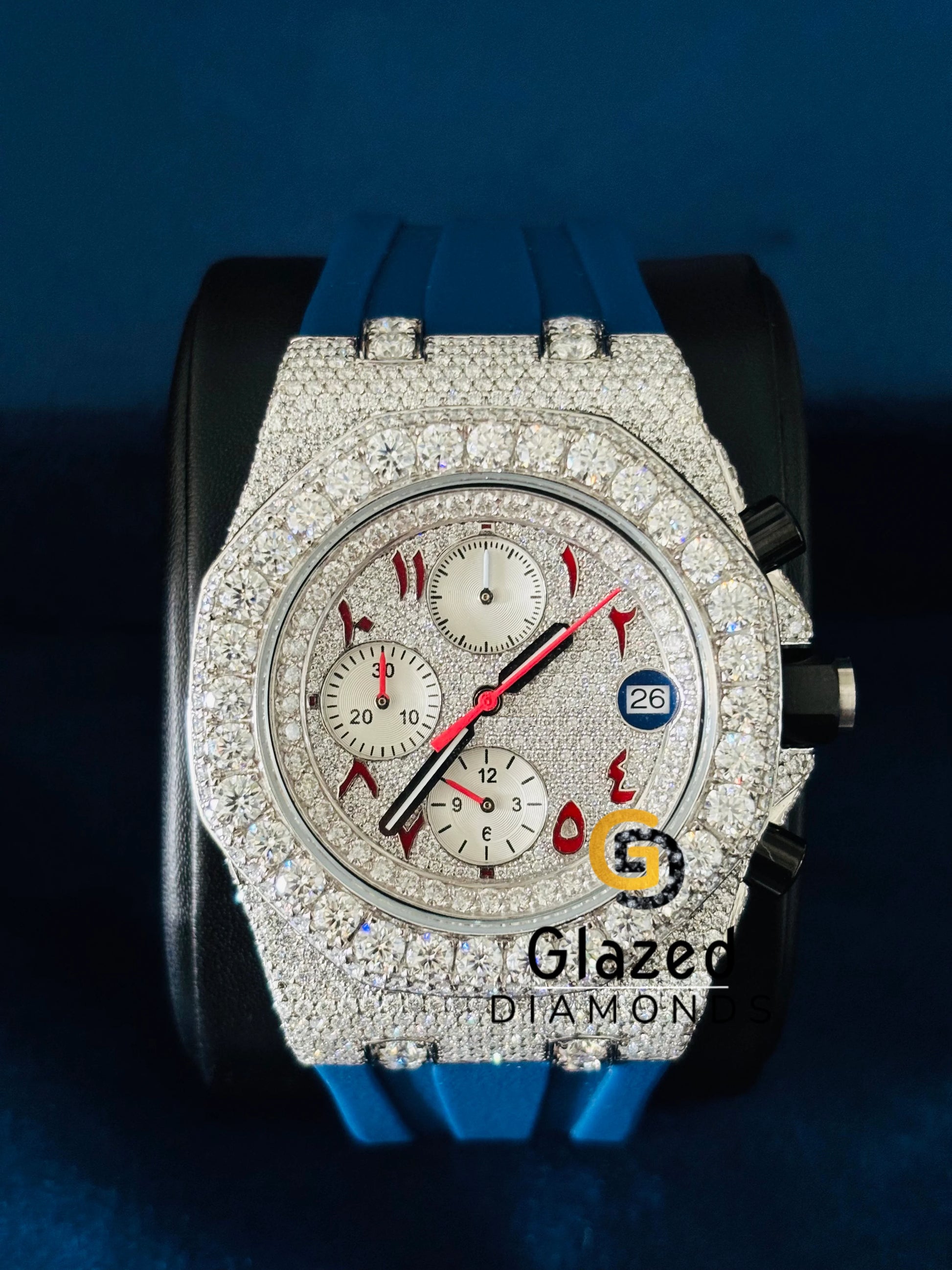Iced Out Red Number Arabic Multi Chronograph Dial AP Moissanite Watch 